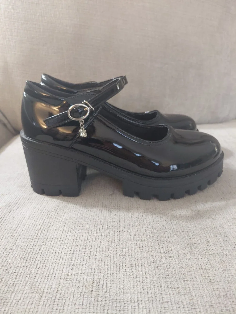 Black Patent Chunky Heel Lug Sole Mary Jane Shoes Size 10